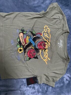 Ed Hardy Olive Green Graphic Tee with Multicolor Tattoo Print